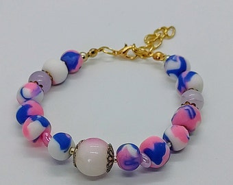 Sweet Blue-Pink-White Polymer Bracelet With Pink-White Glass Centrepiece