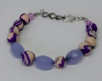 Purple & Cream Polymer-Clay Beaded Bracelet With Glass Beads