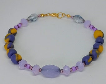 Yellow & Purple Polymer Bead Bracelet With Glass Centrepiece