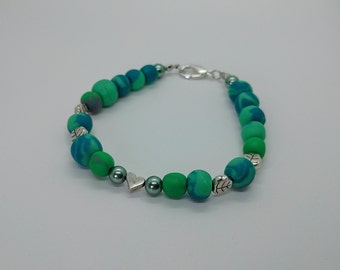 Green Polymer Beads Bracelet With Silvery Leaf Charms