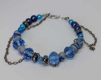 Blue & Grey Polymer Bead Bracelet With Chains