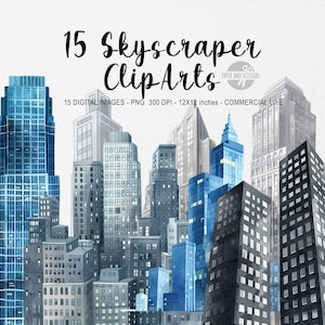 15 ClipArt di grattacielo, Edificio PNG, Illustrazione dello skyline della città, Megalopoli dell'acquerello, Sovrastruttura, Download istantaneo, New York, Paesaggio urbano