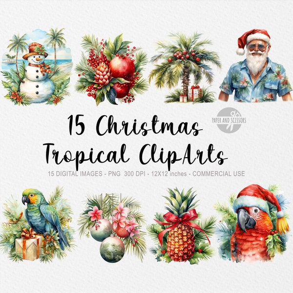 15 Tropical Christmas ClipArts, Tropical Christmas PNG, Tropical Santa Claus, Watercolor Tropical Christmas, Exotic Beach Christmas Art