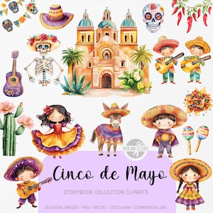 35 Cinco De Mayo ClipArts, schattige Mexicaanse PNG, aquarel verhalenboek, verjaardagsfeestje uitnodigen, kinderkamer, instant download, commerciële licentie
