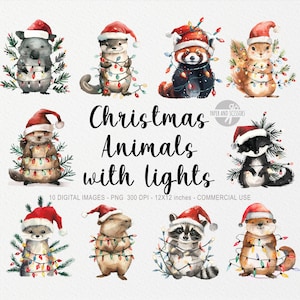 10 Weihnachten Tiere mit Lichtern ClipArts, Aquarell Baby Tiere PNG, Kinderzimmer, Babyparty, bedruckbarer Aufkleber, Sublimationskunst, Feiertagsmütze