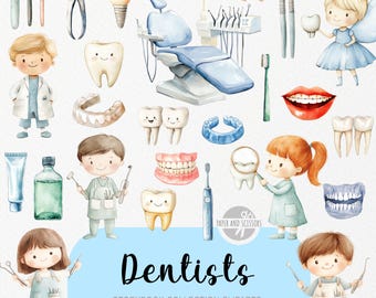 30 niedliche Zahnarzt ClipArt, Aquarell Doktor Storybook, Zahnarztpraxis Kinderzimmer, Zahn PNG, Geburtstagsfeier einladen & Dekor, sofortiger Download