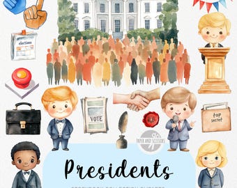 35 niedliche Präsident ClipArt ClipArt, Aquarell Politologie Märchenbuch, Kinderzimmer, weißes Haus, Geburtstag Party einladen & Dekor, sofort Download