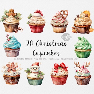 20 Cupcakes de Noël ClipArt, Cupcakes de Noël PNG, Illustration de cupcakes de Noël à l’aquarelle, Cupcakes au pain d’épice, Bonbons au chocolat