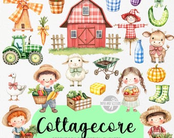 Cottagecore Farm Clipart, Storybook Kids PNG, Gingham Barn Animals Farmhouse Bundle, Watercolor Farmer Scarecrow Vegetable Basket Set