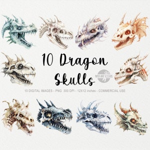 10 Dragon Skulls ClipArt, Halloween PNG, Spooky Decor, Skeleton Dragon, Watercolor Illustration, Commercial License, Instant Download