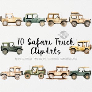 10 Safari LKW Cliparts, Fahrzeug PNG, niedliches Aquarell, kleiner Forscher, Dschungel, Autotransport, Babyparty, Sublimation, Kinderzimmerdekor, Junge