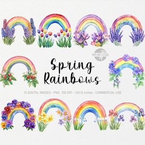 10 cliparts arc-en-ciel de printemps, PNG de fleurs, aquarelle florale, Art de Pâques preppy, Illustration de tulipe, scrapbooking, sublimation