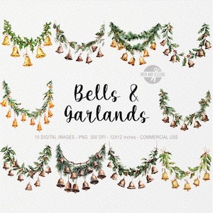 10 Christmas Girlanda & Dzwonki ClipArt, Girlanda PNG ilustracja, Akwarela Zieleń, Dekoracja Bożonarodzeniowa, Sublimacja, Do Wydrukowania, Ostrokrzew