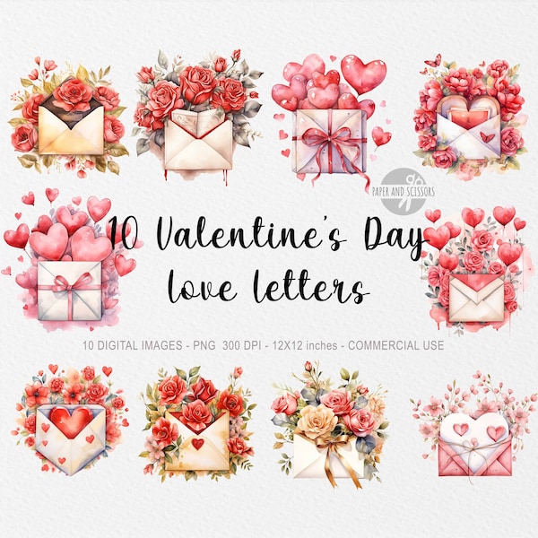 10 Valentinstag Liebesbrief ClipArt, Liebe ClipArt, Brief Illustration, Aquarell Romantischer Brief, Liebesbotschaft, Valentinstagskarte