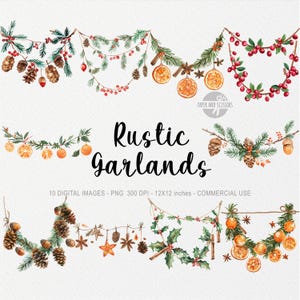 10 kerst rustieke kerstslinger ClipArt, slinger png-illustratie, aquarel groen, kerstversiering, sublimatie, sinaasappel, specerijen, grenen