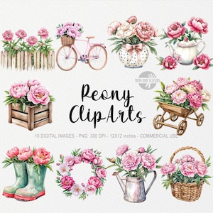 10 images clipart pivoine, fleur PNG, illustration de printemps, impression bohème aquarelle, décoration florale, jardin, Pâques Cottagecore, noeud de carnet Coquette