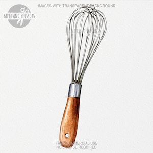 May include: A silver whisk with a wooden handle. The whisk has a loop at the top for hanging.