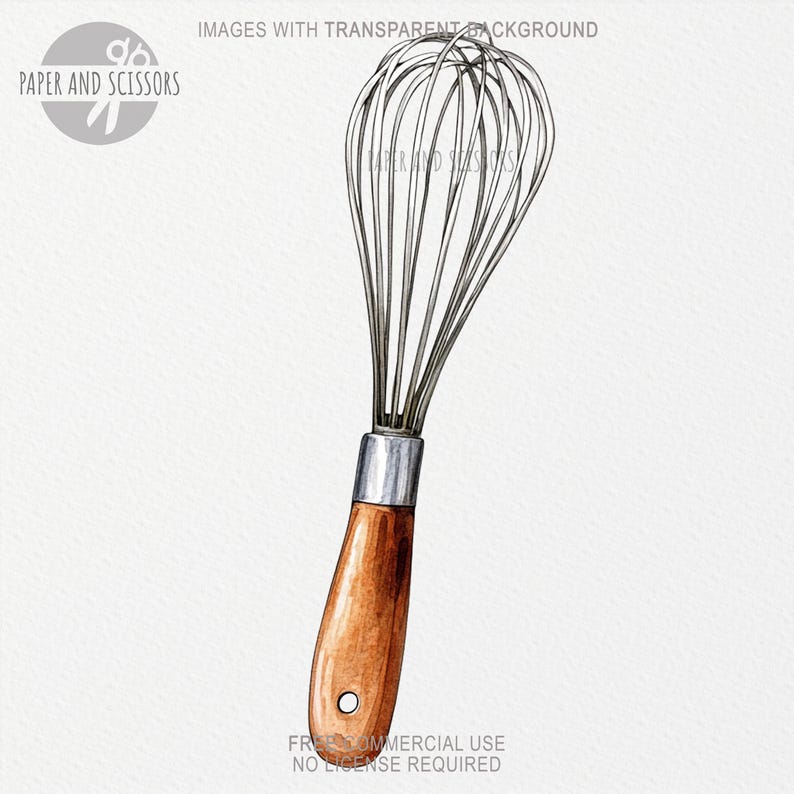 May include: A silver whisk with a wooden handle. The whisk has a loop at the top for hanging.