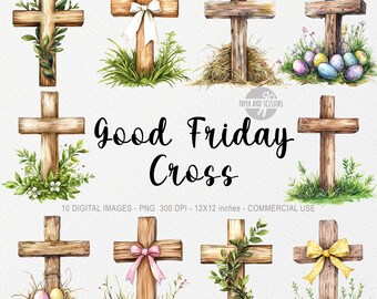 May include: Ten digital images of watercolor painted wooden crosses with various embellishments, including flowers, greenery, and bows. The crosses are set against a white background and the text "Good Friday Cross" is written in black below the images.