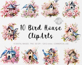 10 Bird House ClipArts, Bird House PNG, Bird House illustration, Watercolor Flowers, Floral PNG, Flowers ClipArt, Flowers PNG, Spring Birds