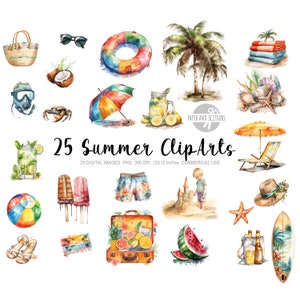 25 Summer ClipArts, Summer PNG, Beach illustration, Watercolor Summer, Ocean PNG, Ocean ClipArt, Sea PNG, Vacation ClipArt, Holiday ClipArt