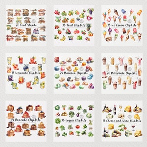 May include: A set of watercolour illustrations featuring various food and drink items, including food stands, fruit, ice cream, lemonade, macarons, milkshakes, pancakes, vegetables, cheese, and wine. The illustrations are painted in a realistic style with vibrant colours.