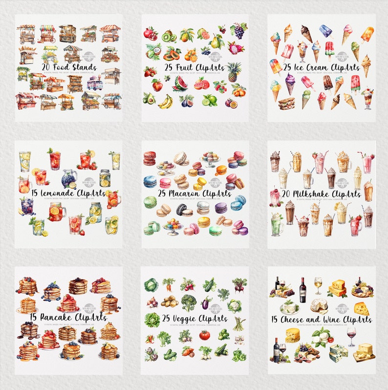 May include: A set of watercolour illustrations featuring various food and drink items, including food stands, fruit, ice cream, lemonade, macarons, milkshakes, pancakes, vegetables, cheese, and wine. The illustrations are painted in a realistic style with vibrant colours.