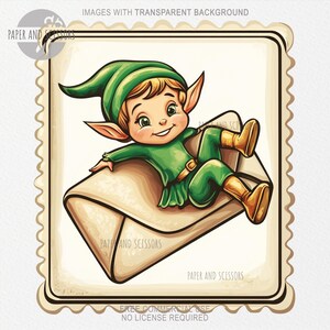 May include: A cartoon illustration of a smiling elf in green clothing and a matching hat, reclining on a beige envelope. The elf has pointed ears and is wearing brown boots. The image is framed with a decorative border and includes the text "PAPER AND SCISSORS".