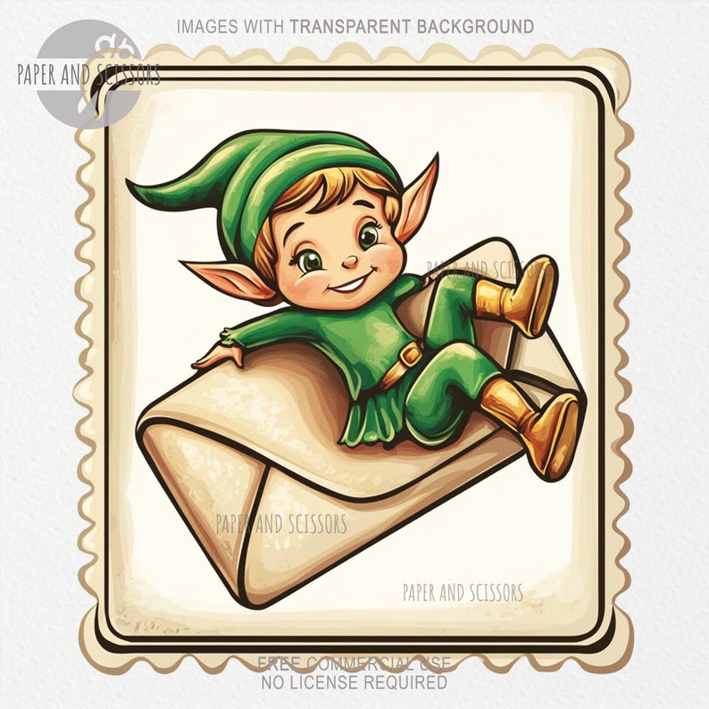 May include: A cartoon illustration of a smiling elf in green clothing and a matching hat, reclining on a beige envelope. The elf has pointed ears and is wearing brown boots. The image is framed with a decorative border and includes the text "PAPER AND SCISSORS".