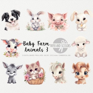 Baby Farm Animals Clipart, Baby Farm Animals PNG, Animals illustration, Animals Clipart, Nursery Wall Art, Kids Room Painting, Baby Shower