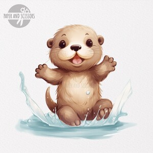 May include: A cute cartoon otter with brown fur is splashing in blue water. The otter has a big smile and is holding its arms out. The otter is surrounded by water droplets.