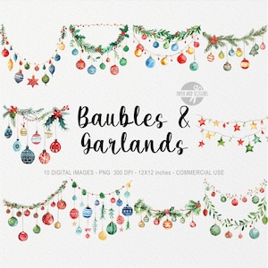 10 Christmas Girlanda & Baubles ClipArt, Girlanda PNG ilustracja, Akwarela Zieleń, Dekoracja Bożonarodzeniowa, Sublimacja, Wydrukowalna Ozdoba
