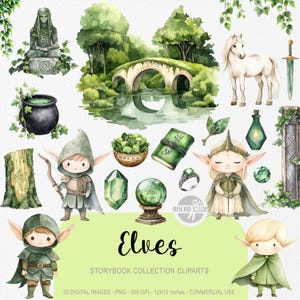 May include: A collection of watercolour clipart featuring elves, a white horse, a bridge over water, a cauldron, a book, a ring, and other fantasy elements. The text "Elves" and "Storybook Collection Cliparts" are also included.