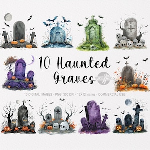 May include: Watercolor illustrations of ten haunted graves, featuring tombstones, pumpkins, bats, and skulls. The images are in various colors, including gray, blue, green, and purple. The text "10 Haunted Graves" is displayed in the center.