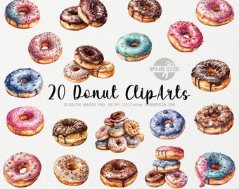 20 Donut ClipArt, Donuts PNG, Watercolor Donuts, Doughnut PNG, Food ClipArt, Dessert ClipArt, Sweets, Bakery, Baking, Cake, Cafe ClipArt