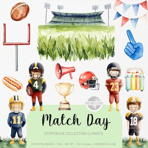 Może przedstawiać: Akwarelowe ilustracje z motywami piłkarskimi. Zawiera piłkę nożną, stadion, słupki bramki, graczy, kaski, trofeum, hot doga, megafon i baner "Match Day". Dołączony jest również niebieski palec z pianki i girlanda z chorągiewek.