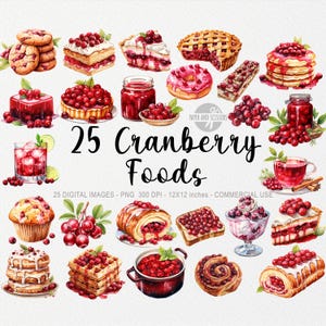 25 Cranberry ClipArts, akwarelowa ilustracja żurawiny PNG, letni zestaw, cliparty żywności, cliparty owoców, ciasto, lody, lody, dżem