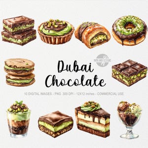 10 Dubai Chocolate ClipArts, Dessert PNG, Pistacchio, Pasticceria Kadayif, Dolci, Leccornie, Illustrazione di cibo, Menu ad acquerello, Piatto dolce, Turco