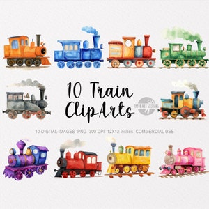 10 cliparts de trem, aquarela PNG, trem fofo, locomotiva, ferrovia, vagão, ônibus, menino de decoração de berçário de carruagem, download digital