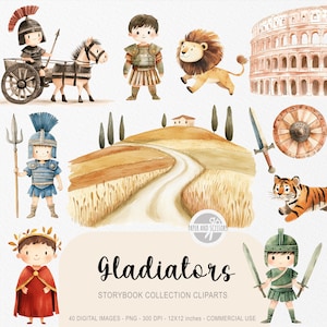 40 Little Gladiators ClipArts, Uroczy wojownik PNG, Książka z akwarelami, Zaproszenie na przyjęcie urodzinowe, Przedszkole, Natychmiastowe pobieranie, Licencja komercyjna