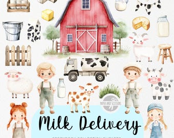35 Milchmann ClipArt Illustration, Aquarell Bilderbuch, Lebensmittel Kindergarten, Milch Lieferung, Käse, LKW-Geburtstags-Party einladen & Dekor sofort herunterladen