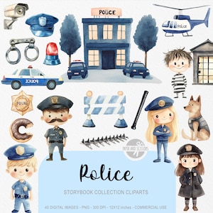 Puede incluir: Ilustraciones en acuarela con temática policial, que incluyen una comisaría, coches, un helicóptero, agentes, un perro policía y un prisionero. La imagen también incluye esposas, una sirena y una rosquilla. La palabra "Policía" está escrita en una fuente estilizada.