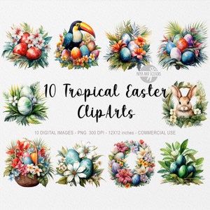 10 Tropische Ostern ClipArts, Osterei PNG, Ostern Illustration, Aquarell Ostern, Ostern PNG, Ostern ClipArt, Blumen PNG, Frühling Clipart