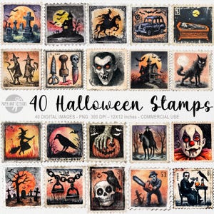 Puede incluir: Una colección de 40 sellos con temática de Halloween con varias ilustraciones espeluznantes. Los sellos presentan imágenes de una casa embrujada, un vampiro, un gato negro, una bruja y una calabaza. Se muestra el texto "40 Halloween Stamps".