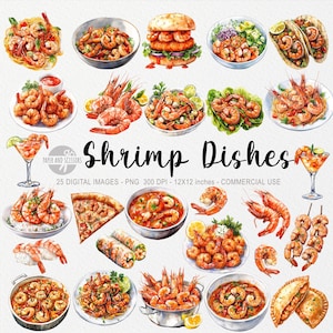 25 ClipArt di piatti di gamberi, PNG di frutti di mare, Illustrazione di cibo, Libro di ricette ad acquerello stampabile, Adesivi per libri di cucina, Pesce, Design del menu, Gustoso