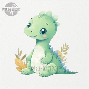 May include: A cute green dinosaur with big eyes and a friendly smile. The dinosaur is sitting on a white background with yellow and green leaves.