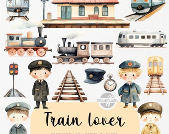 25 niedliche Zug-Liebhaber ClipArt, Aquarell Bilder, Zug-Themen-Kinderzimmer-Einladung & Dekoration, sofortiger Download, kommerzielle Lizenz