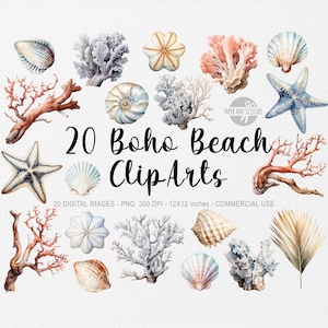 20 Boho Beach ClipArts, Seashell PNG, Beach illustration, Watercolor Ocean, Nautical, Coastal, Sea, Beach Decor, Starfish, Coral, Clam, Sand