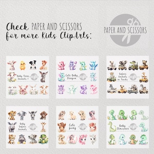 May include: A set of 10 digital clip art images featuring cute baby animals, including farm animals, safari animals, dragons, dinosaurs, and ponies. The images are in a watercolour style and are perfect for use in scrapbooking, card making, and other craft projects.