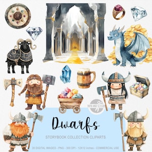 May include: Watercolour illustrations of fantasy elements, including a blue dragon, dwarves with axes, a treasure chest, and a ram in armour. The image also features a shield, gems, and a beer mug. Text reads "Dwarfs, Storybook Collection Cliparts."